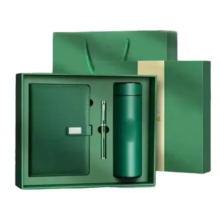 Green corporate gift set box with notebook, pen and flask