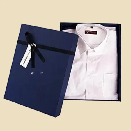 Navy lift-off lid shirt box with a folded shirt